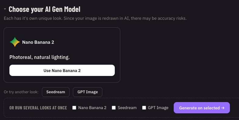 The batch settings strip with a model picker offering Gemini, Seedream, and GPT Image